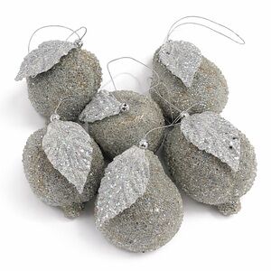 Set of 6 Silver Glitter Fruit Christmas Ornaments – Pears, Pomegranates & Apple